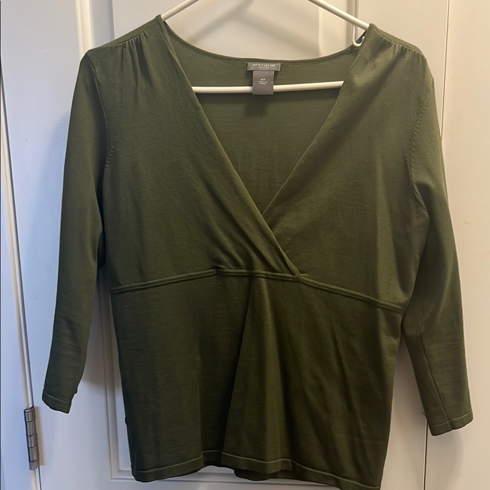 LOFT Green Wrap Blouse with 3/4 Sleeves